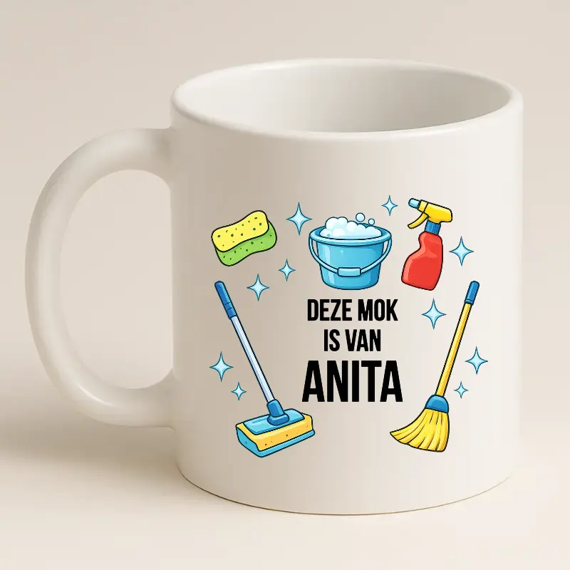 Schoonmaak mok met naam (wit) achterkant