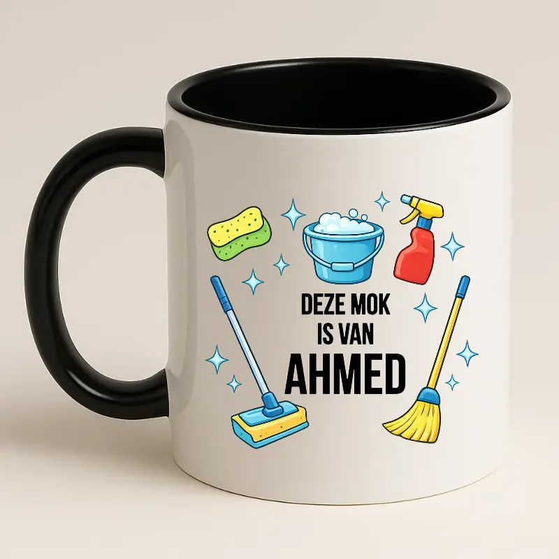 Schoonmaak mok met naam (zwart) achterkant