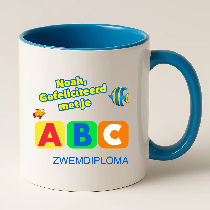 Zwemdiploma ABC Gehaald Cadeau Mok met naam (Blauw)