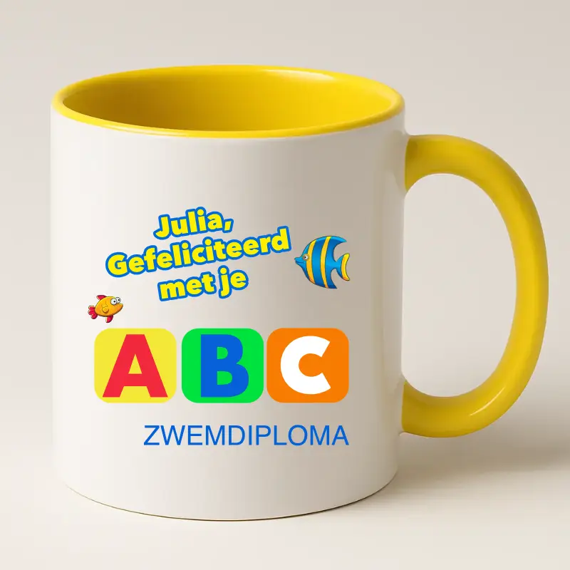Zwemdiploma ABC Gehaald Cadeau Mok met naam (Geel)
