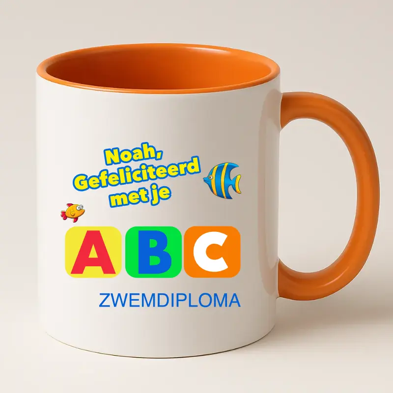 Zwemdiploma ABC Gehaald Cadeau Mok met naam (Oranje)
