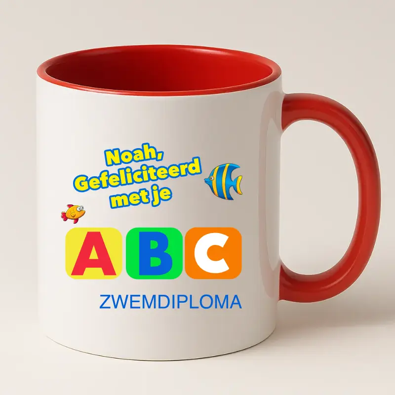 Zwemdiploma ABC Gehaald Cadeau Mok met naam (Rood)