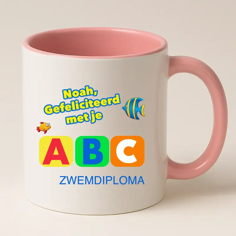 Zwemdiploma ABC Gehaald Cadeau Mok met naam (Roze)