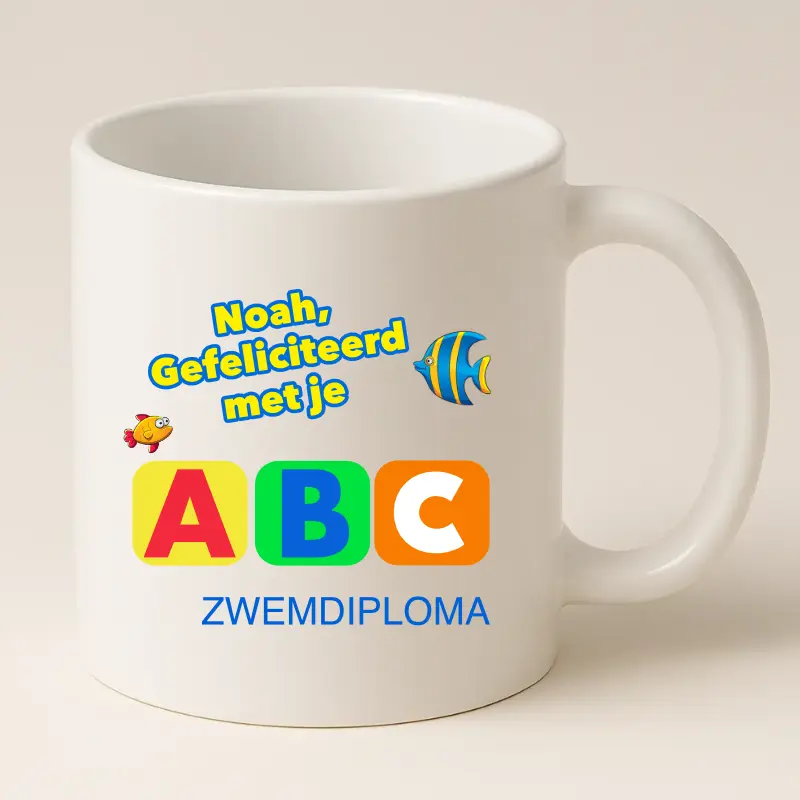 Zwemdiploma ABC Gehaald Cadeau Mok met naam (Wit)