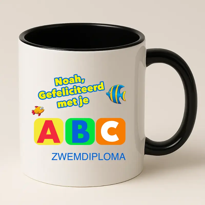 Zwemdiploma ABC Gehaald Cadeau Mok met naam (Zwart)