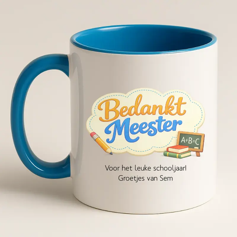 Bedankt meester mok met tekst (blauw) achterkant