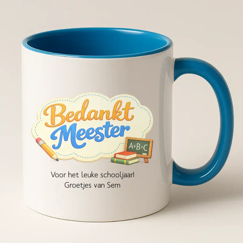 Bedankt meester mok met tekst (blauw)