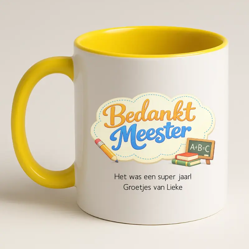 Bedankt meester mok met tekst (geel) achterkant