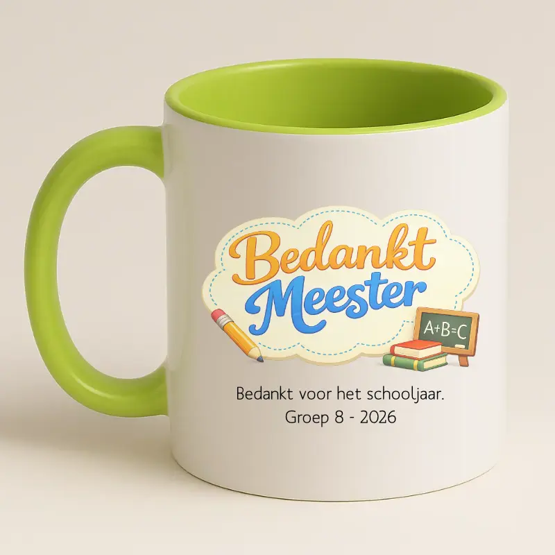 Bedankt meester mok met tekst (groen) achterkant