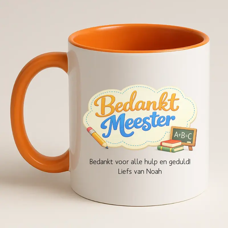 Bedankt meester mok met tekst (oranje) achterkant