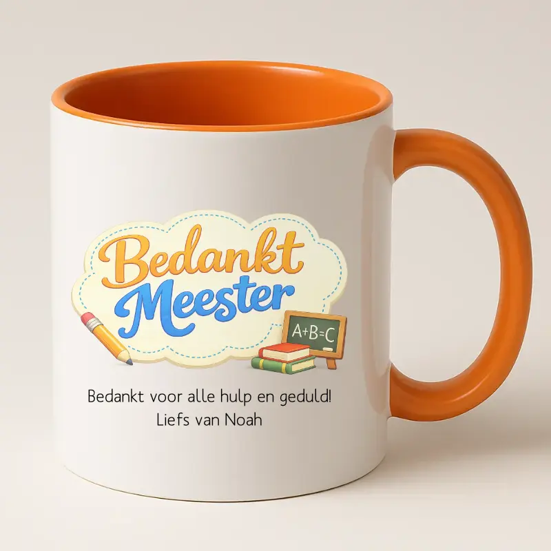 Bedankt meester mok met tekst (oranje)