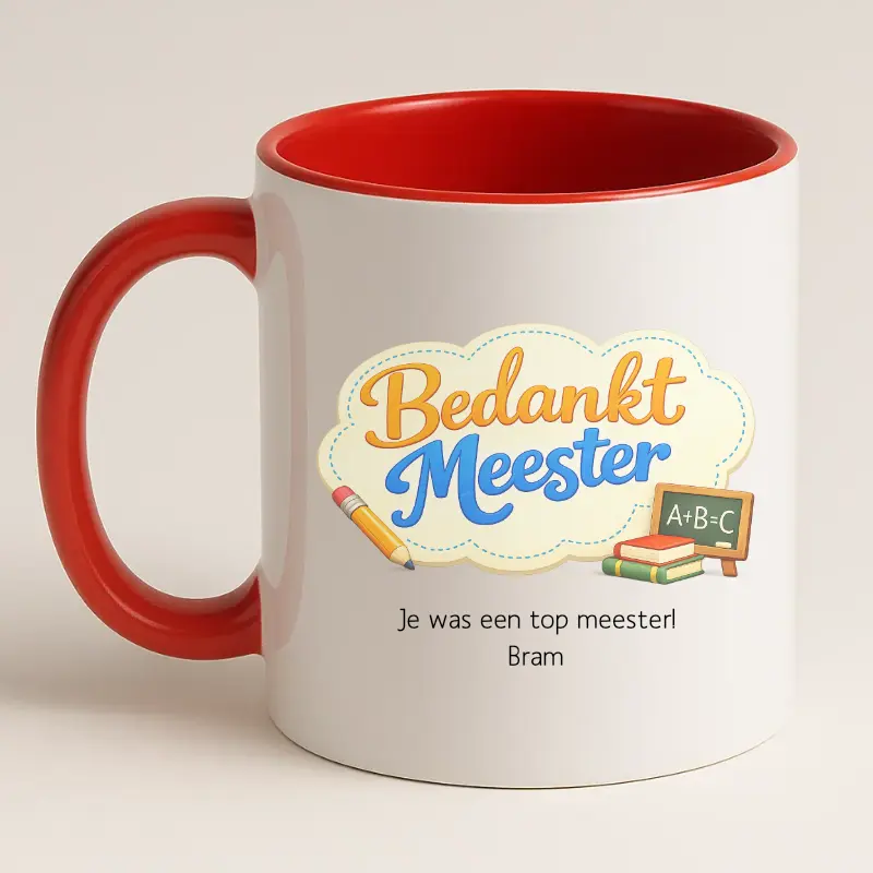 Bedankt meester mok met tekst (rood) achterkant