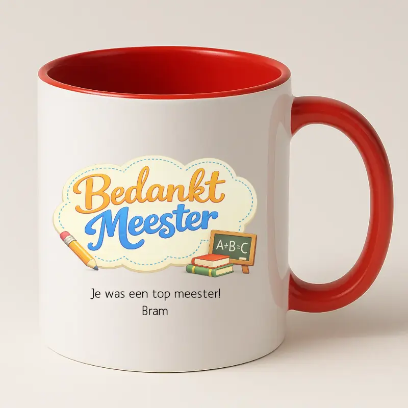 Bedankt meester mok met tekst (rood)
