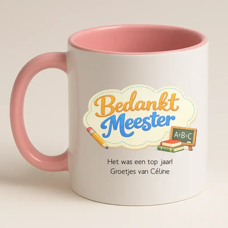 Bedankt meester mok met tekst (roze) achterkant