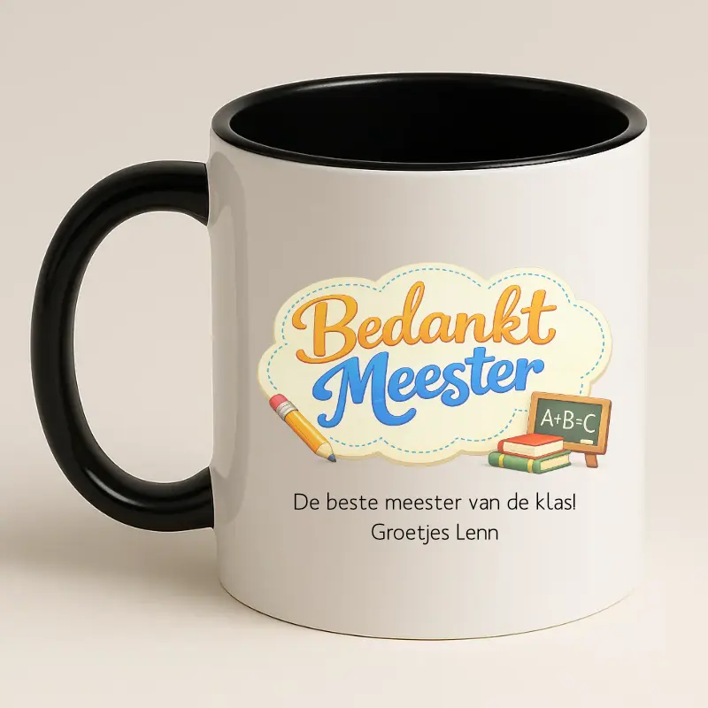 Bedankt meester mok met tekst (zwart) achterkant