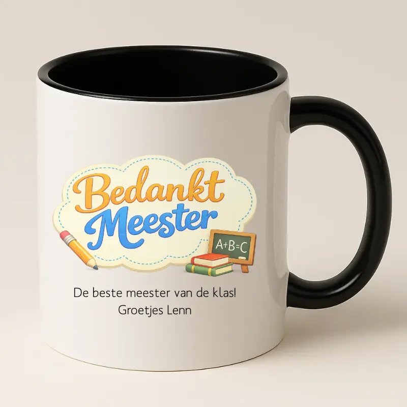 Bedankt meester mok met tekst (zwart)