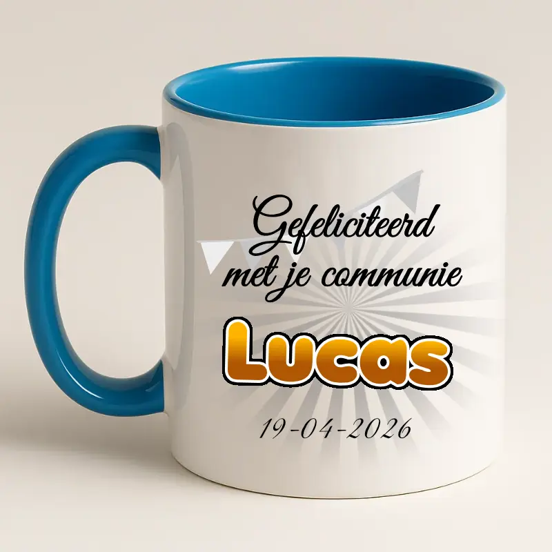 Eerste communie mok met naam en datum blauw achterkant