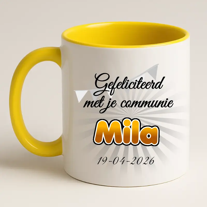 Eerste communie mok met naam en datum geel achterkant