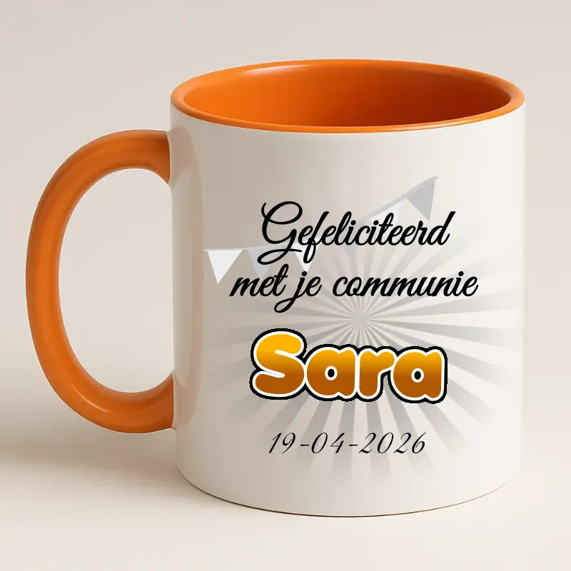 Eerste communie mok met naam en datum oranje achterkant