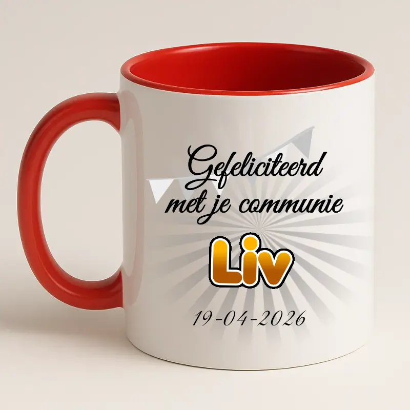 Eerste communie mok met naam en datum rood achterkant