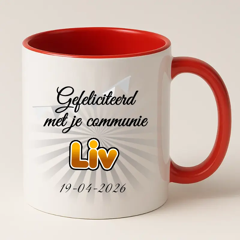 Eerste communie mok met naam en datum rood