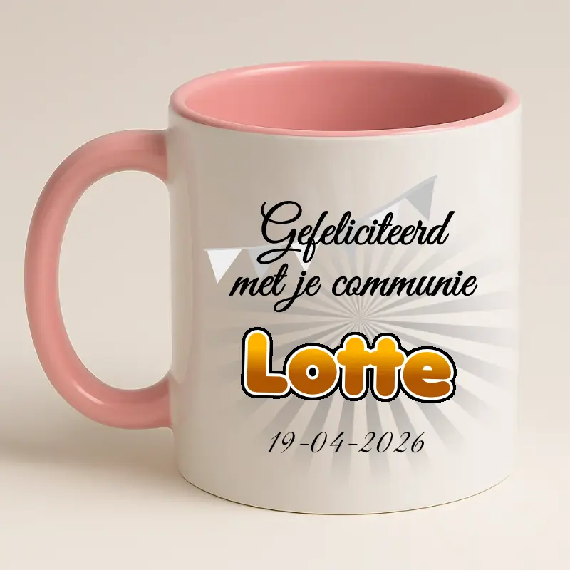 Eerste communie mok met naam en datum roze achterkant