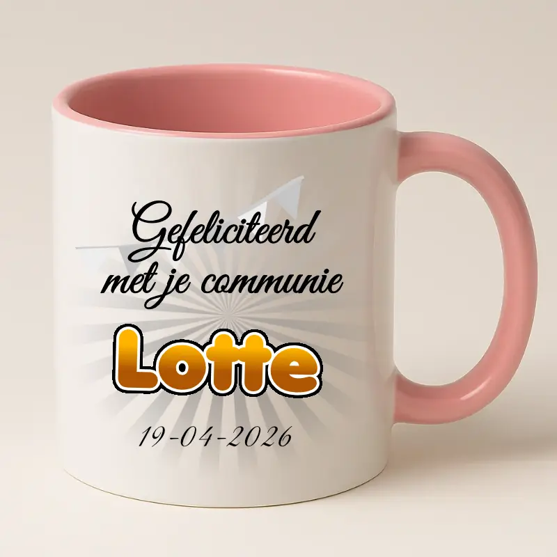 Eerste communie mok met naam en datum roze
