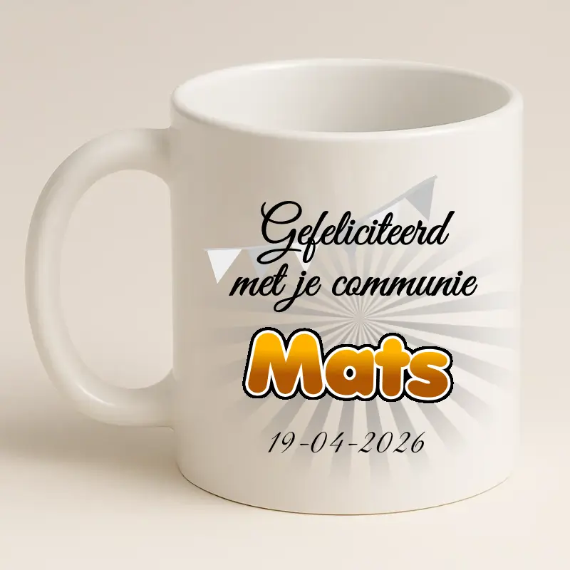 Eerste communie mok met naam en datum wit achterkant