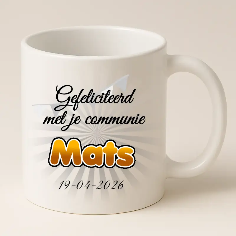 Eerste communie mok met naam en datum wit