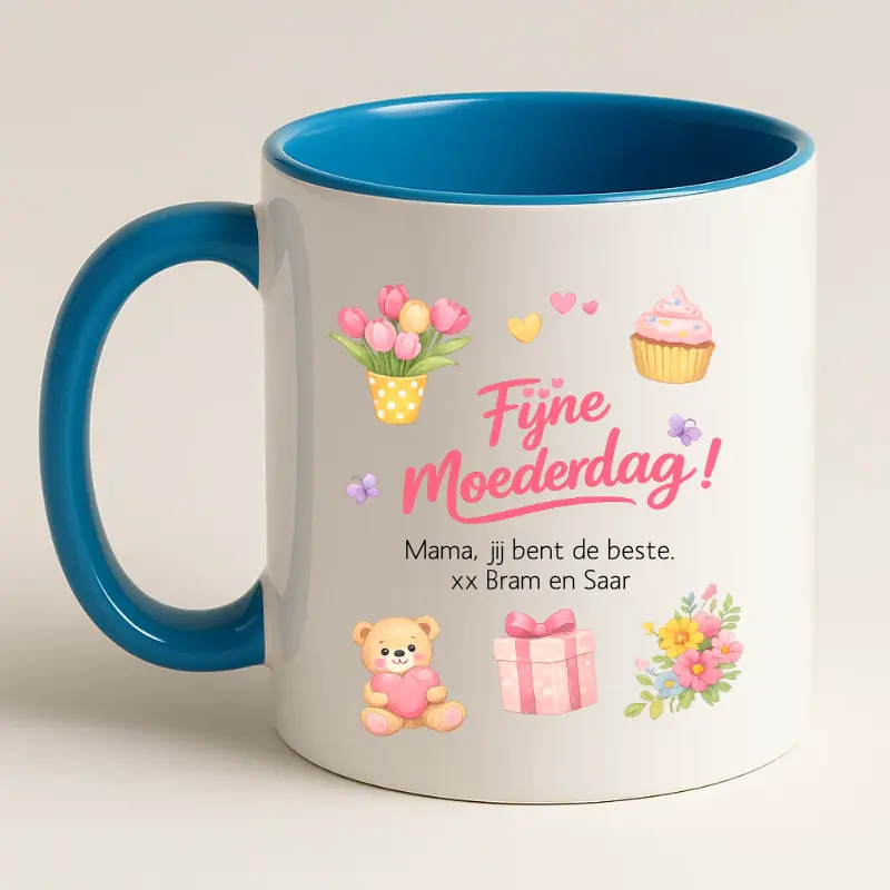 Blauwe fijne moederdag mok met tekst