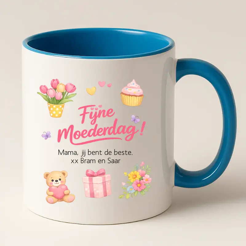 Fijne moederdag mok met tekst blauw