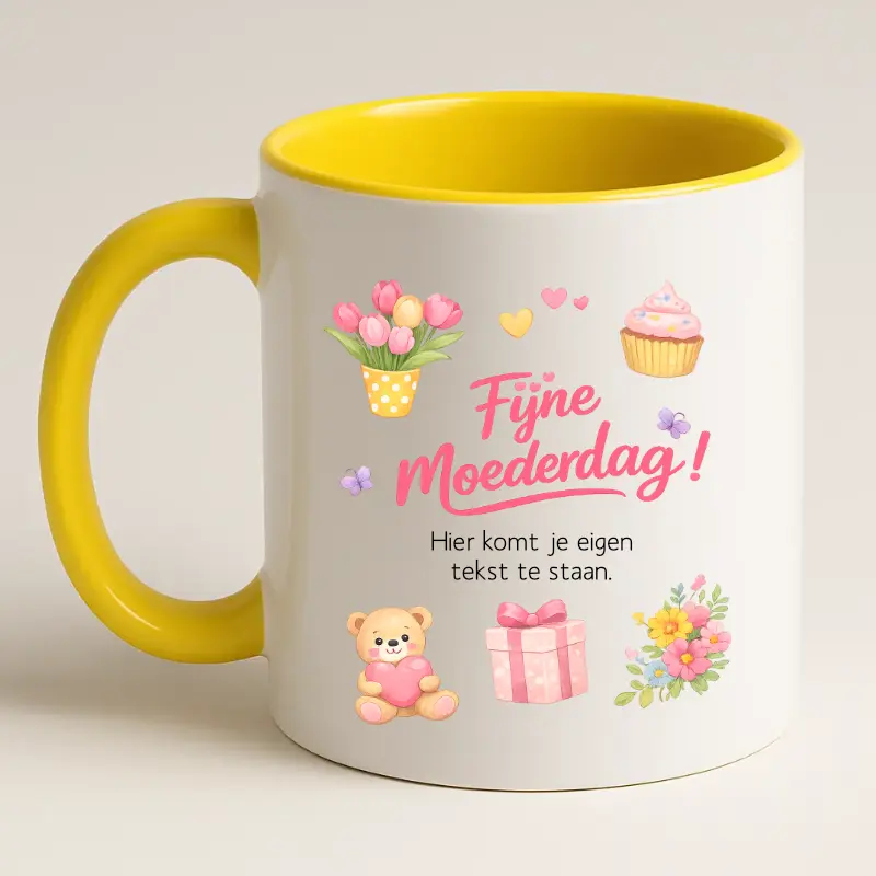Gele fijne moederdag mok met tekst