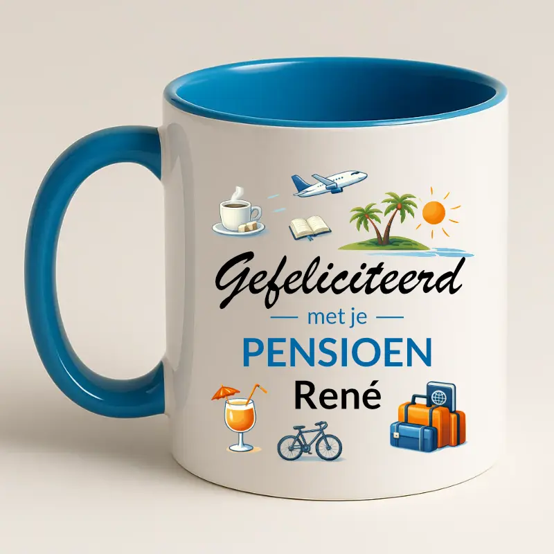 Gefeliciteerd met je pensioen mok met naam (blauw) achterkant