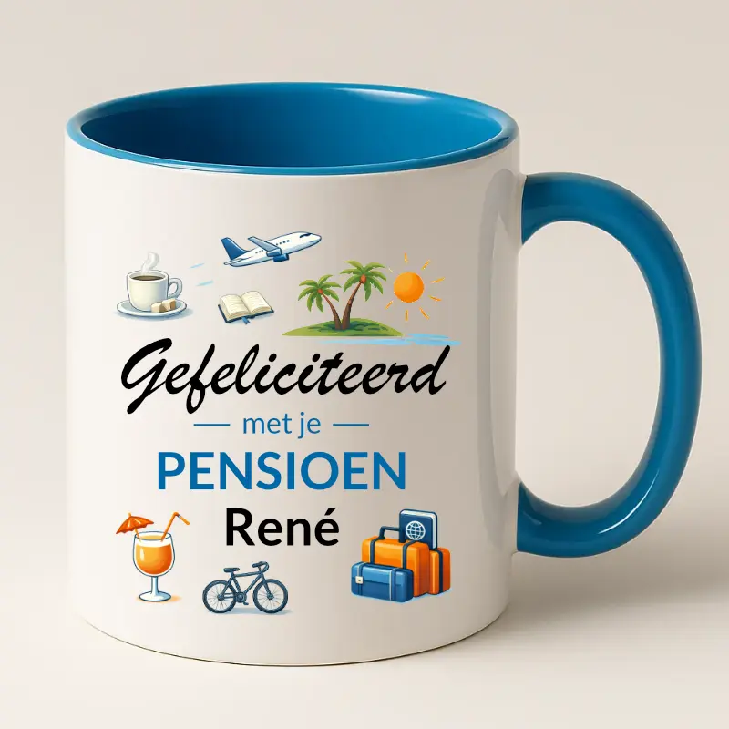 Gefeliciteerd met je pensioen mok met naam (blauw)