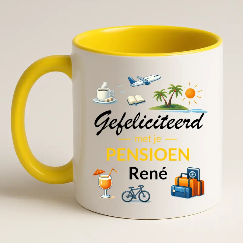 Gefeliciteerd met je pensioen mok met naam (geel) achterkant