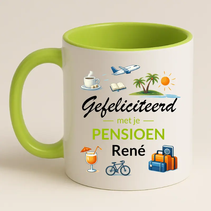 Gefeliciteerd met je pensioen mok met naam (groen) achterkant