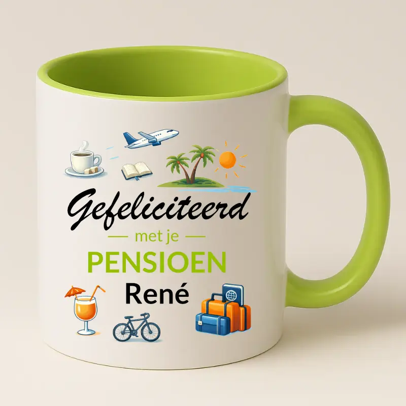 Gefeliciteerd met je pensioen mok met naam (groen)