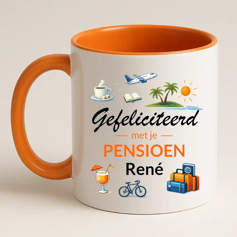 Gefeliciteerd met je pensioen mok met naam (oranje) achterkant