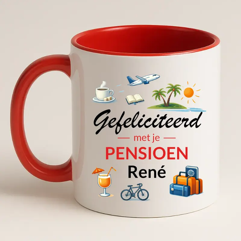 Gefeliciteerd met je pensioen mok met naam (rood) achterkant