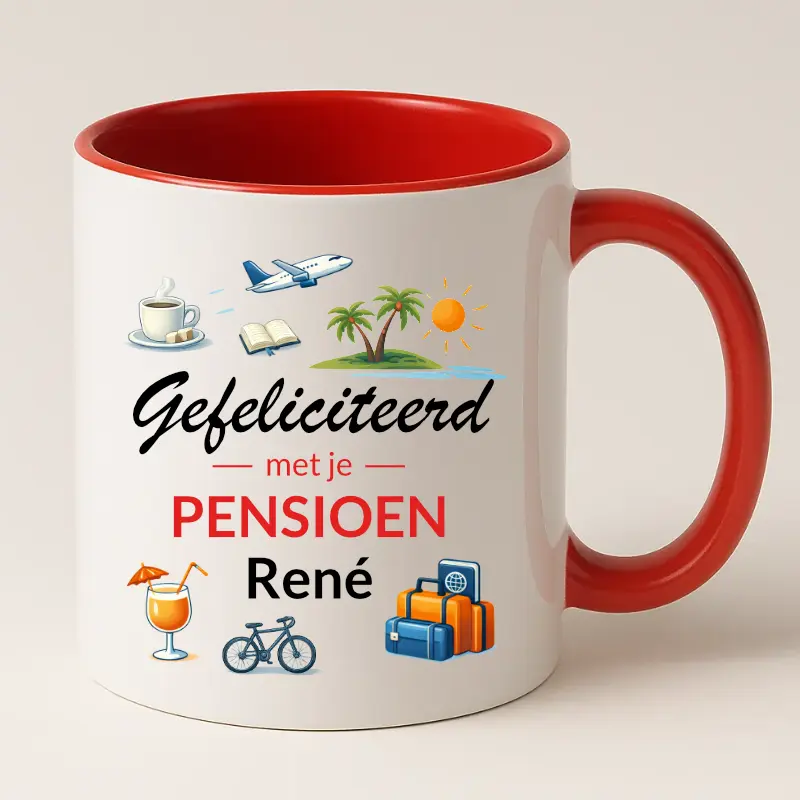 Gefeliciteerd met je pensioen mok met naam (rood)