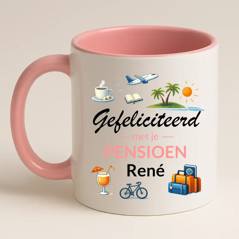 Gefeliciteerd met je pensioen mok met naam (roze) achterkant