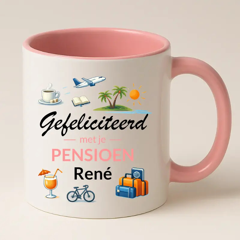 Gefeliciteerd met je pensioen mok met naam (roze)