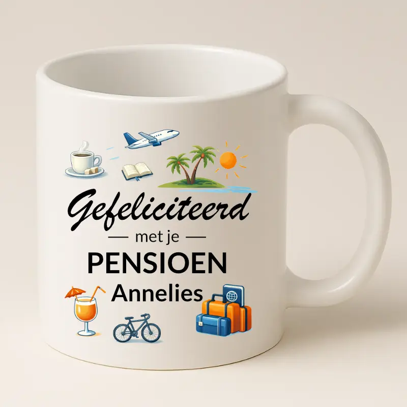 Gefeliciteerd met je pensioen mok met naam (wit)