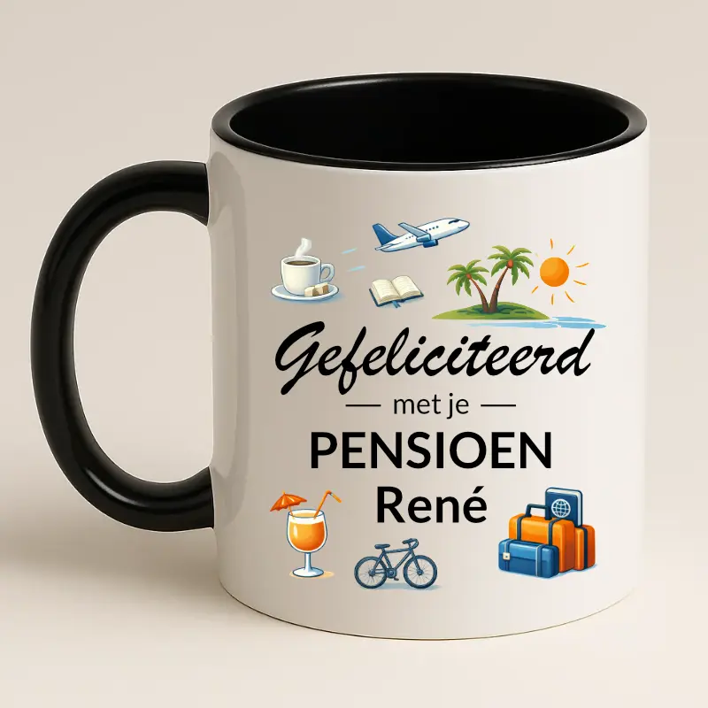 Gefeliciteerd met je pensioen mok met naam (zwart) achterkant