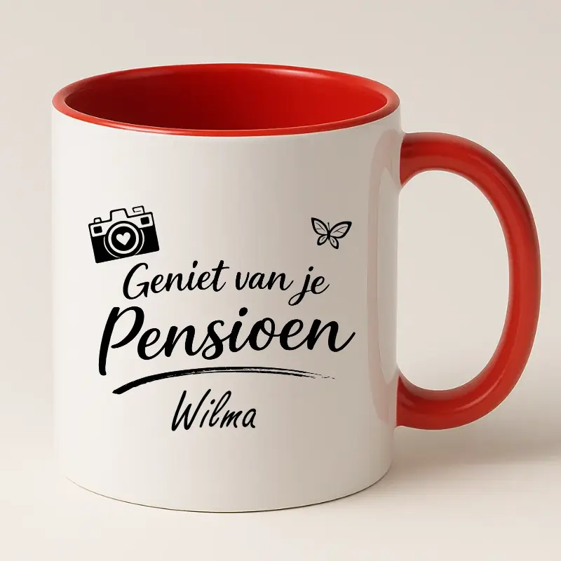 Geniet van je Pensioen Mok met naam (rood)