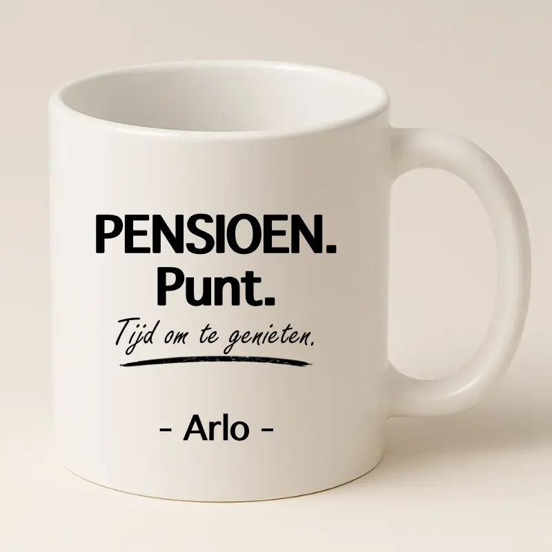 Pensioen. Punt. Tijd om te genieten mok met naam (wit)