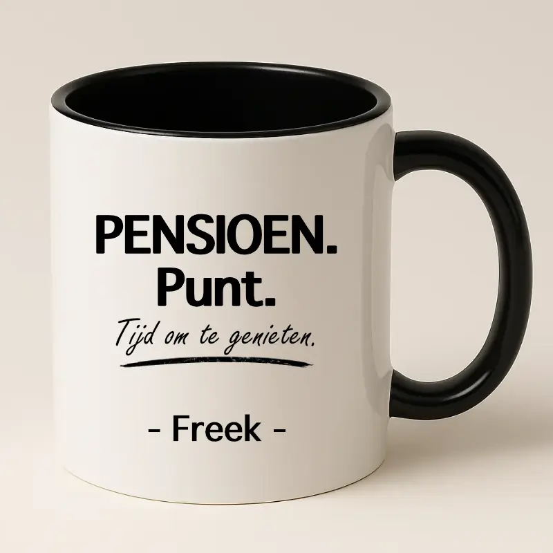 Pensioen. Punt. Tijd om te genieten mok met naam (zwart)