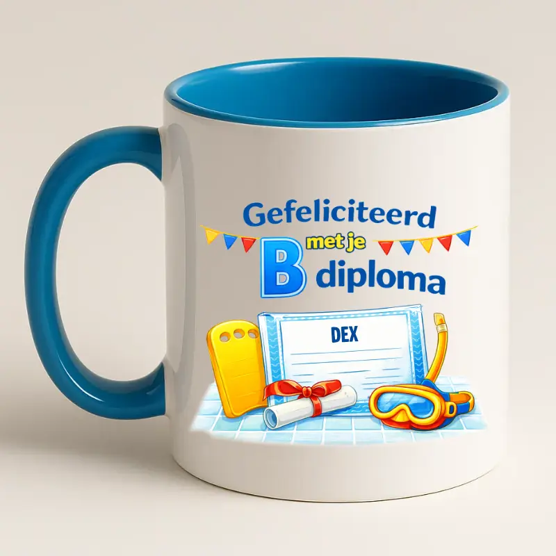 Gefeliciteerd met je b diploma mok blauw achterkant