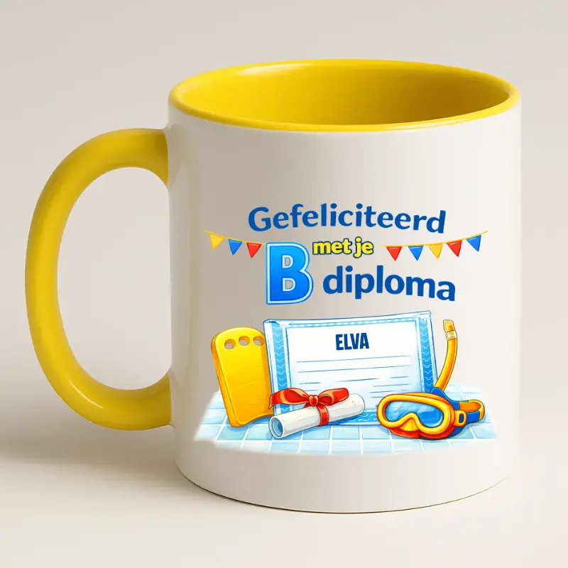 Gefeliciteerd met je b diploma mok geel achterkant