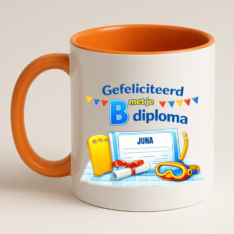 Gefeliciteerd met je b diploma mok oranje achterkant